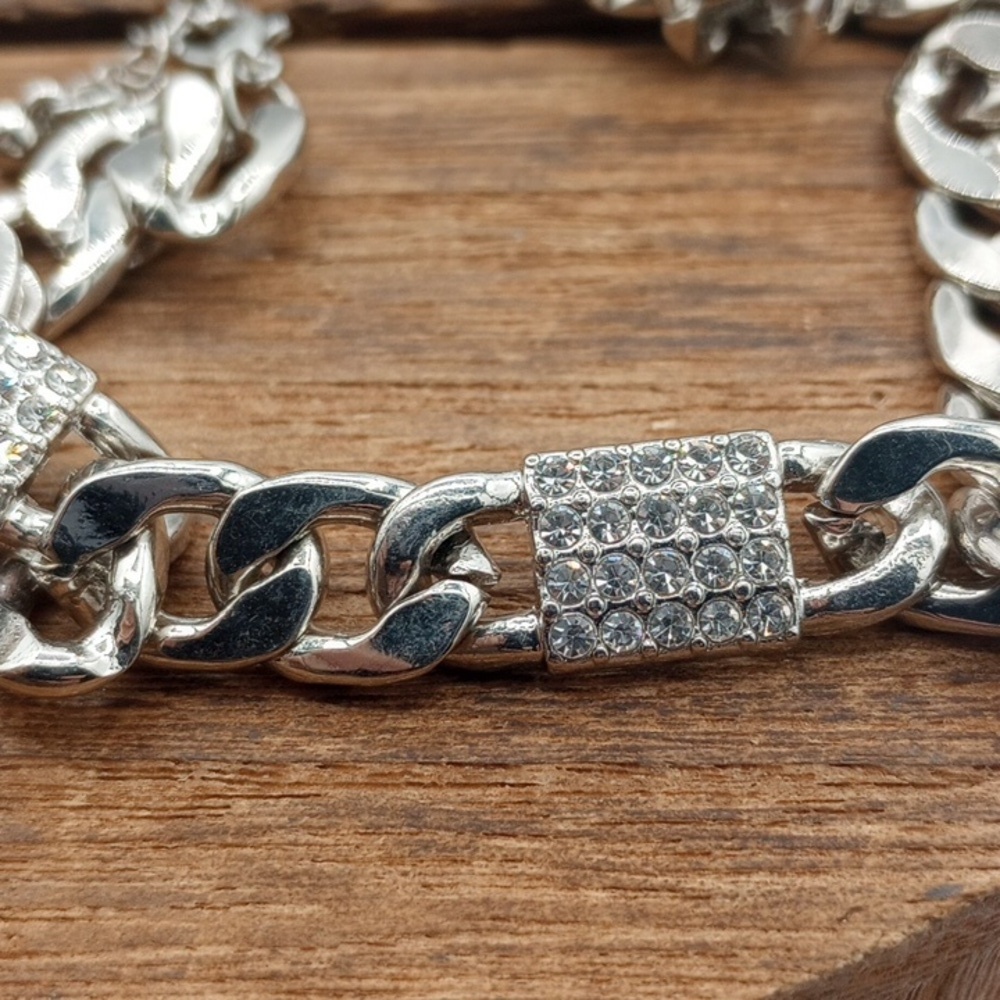 Elegant Silver Tone Link Crystal Chain Necklace 20 Inch N402 - Picture 3 of 3